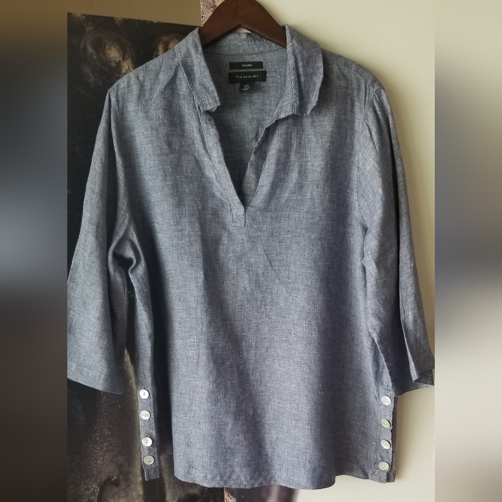 TAHARI Women's Blue 100% Linen Long Sleeve Button Front Shirt Size 1X US